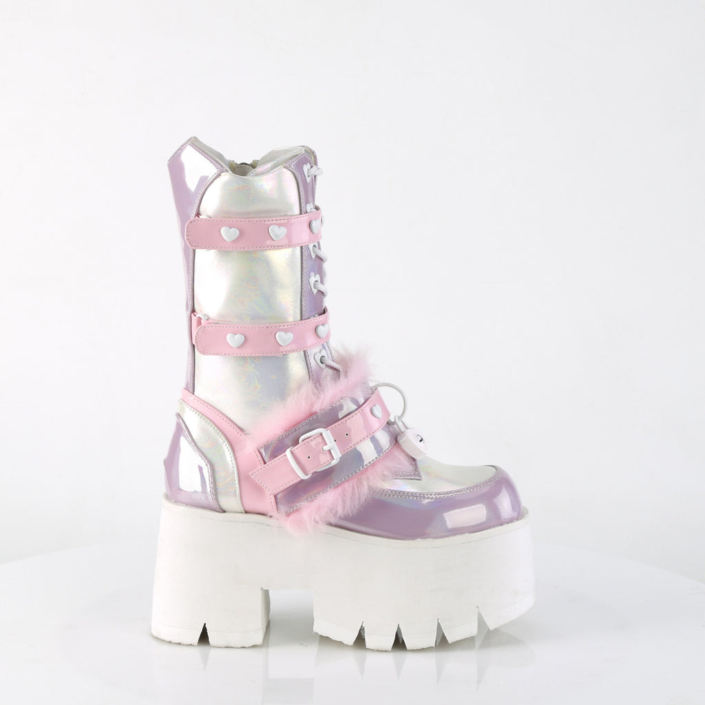 Demonia ASHES-120 Baby Pink Lavender Holographic Knee-High Boots