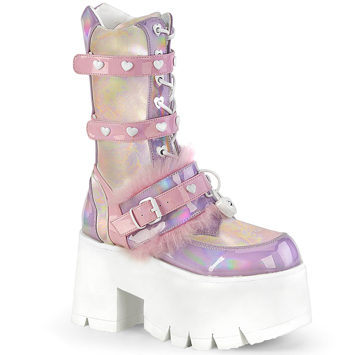 Demonia ASHES-120 Baby Pink Lavender Holographic Knee-High Boots Main image