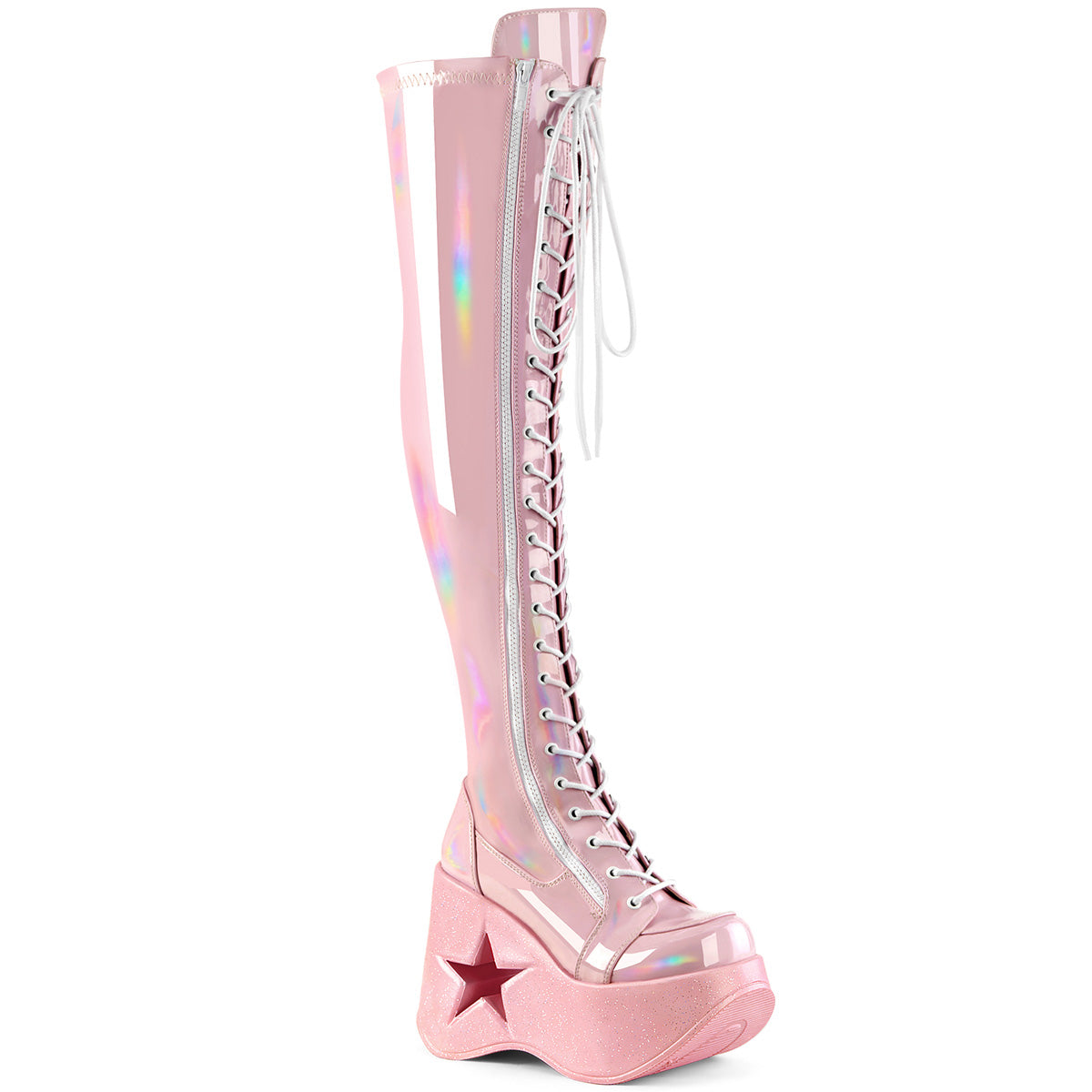Demonia DYNAMITE-300 Black. Pink Stretch Hologram Over-the-Knee Boots Main image