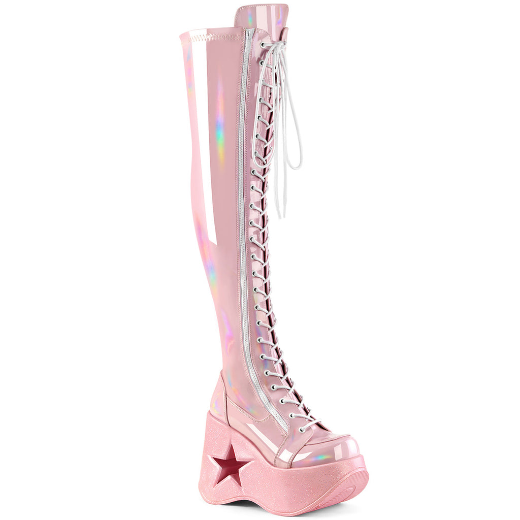 Demonia DYNAMITE-300 Black. Pink Stretch Hologram Over-the-Knee Boots
