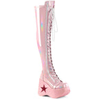 Demonia DYNAMITE-300 Black. Pink Stretch Hologram Over-the-Knee Boots