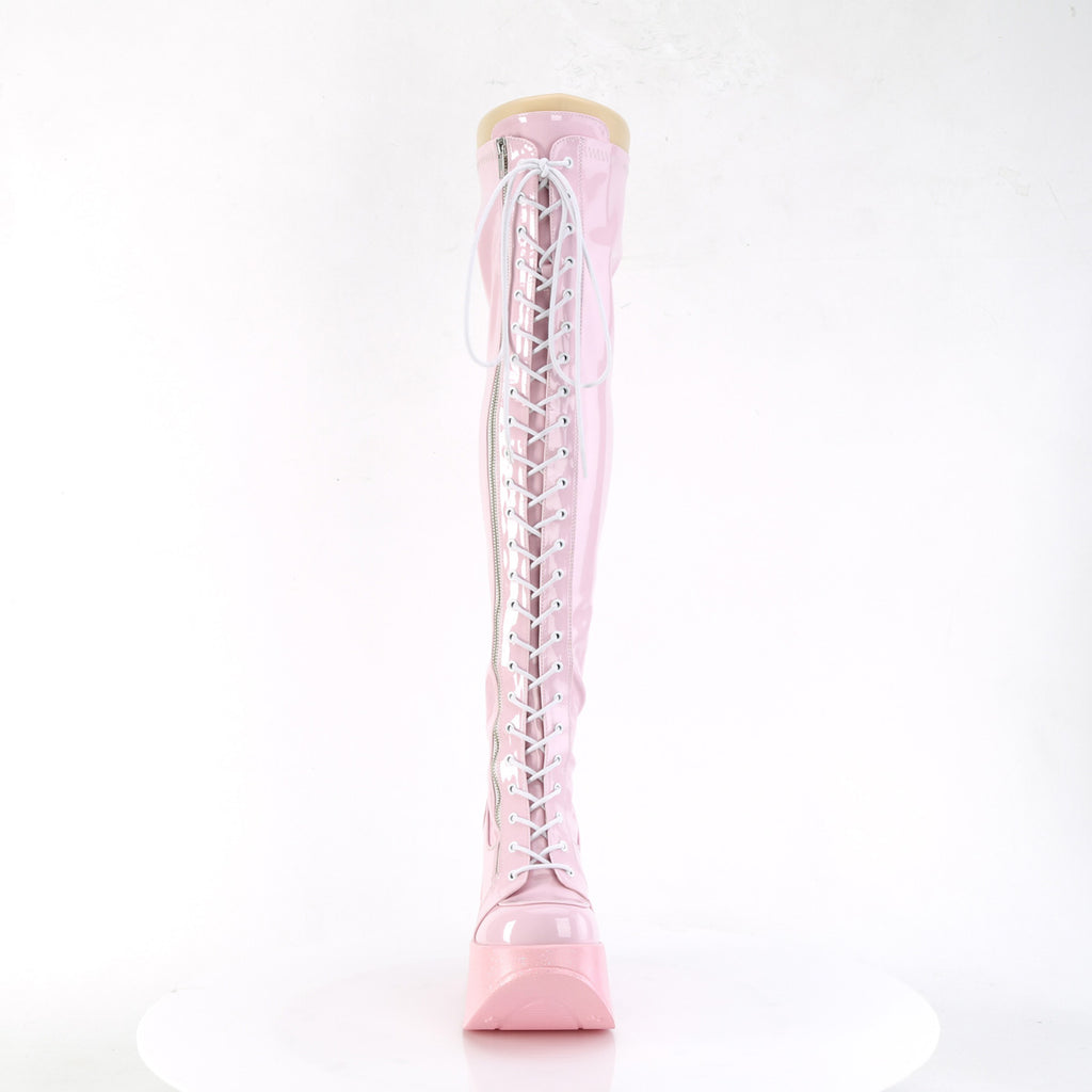 Demonia DYNAMITE-300 Black. Pink Stretch Hologram Over-the-Knee Boots