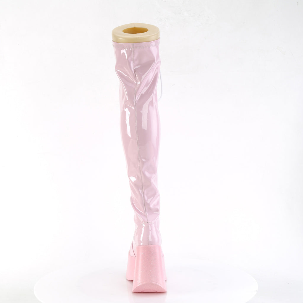 Demonia DYNAMITE-300 Black. Pink Stretch Hologram Over-the-Knee Boots