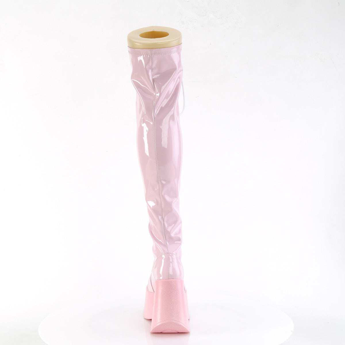 Demonia DYNAMITE-300 Black. Pink Stretch Hologram Over-the-Knee Boots
