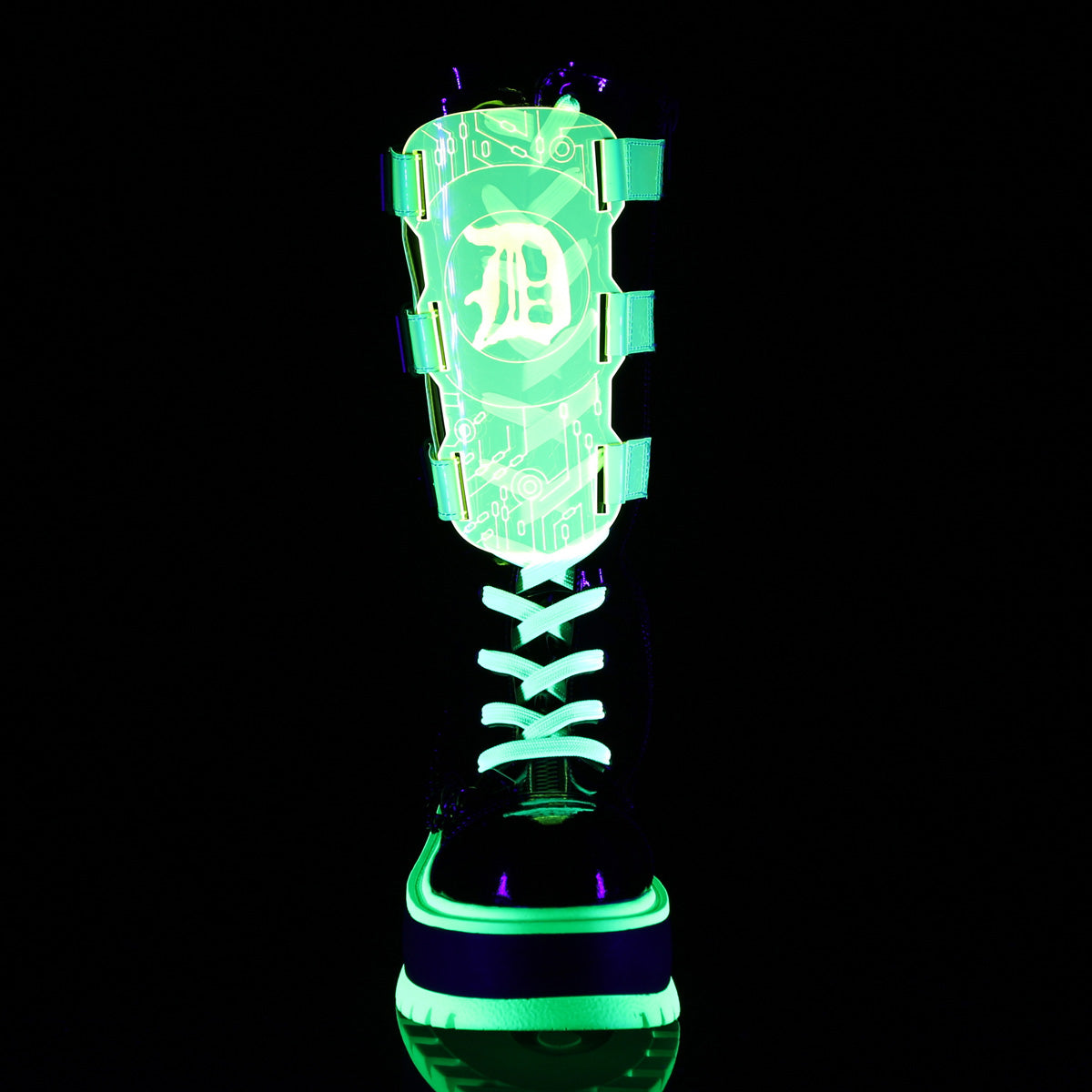 Demonia SLACKER-156 Black UV Neon Green Knee-High Boots