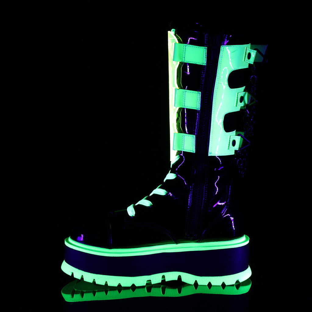 Demonia SLACKER-156 Black UV Neon Green Knee-High Boots
