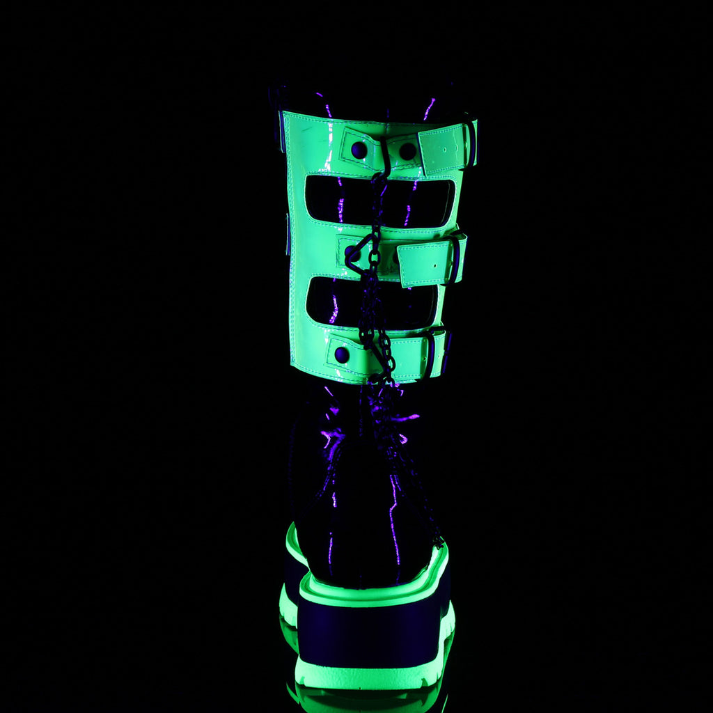 Demonia SLACKER-156 Black UV Neon Green Knee-High Boots