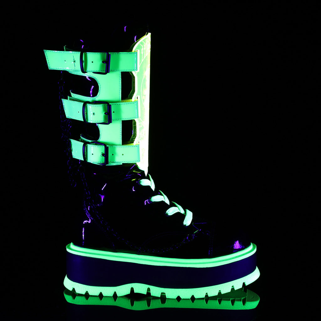 Demonia SLACKER-156 Black UV Neon Green Knee-High Boots