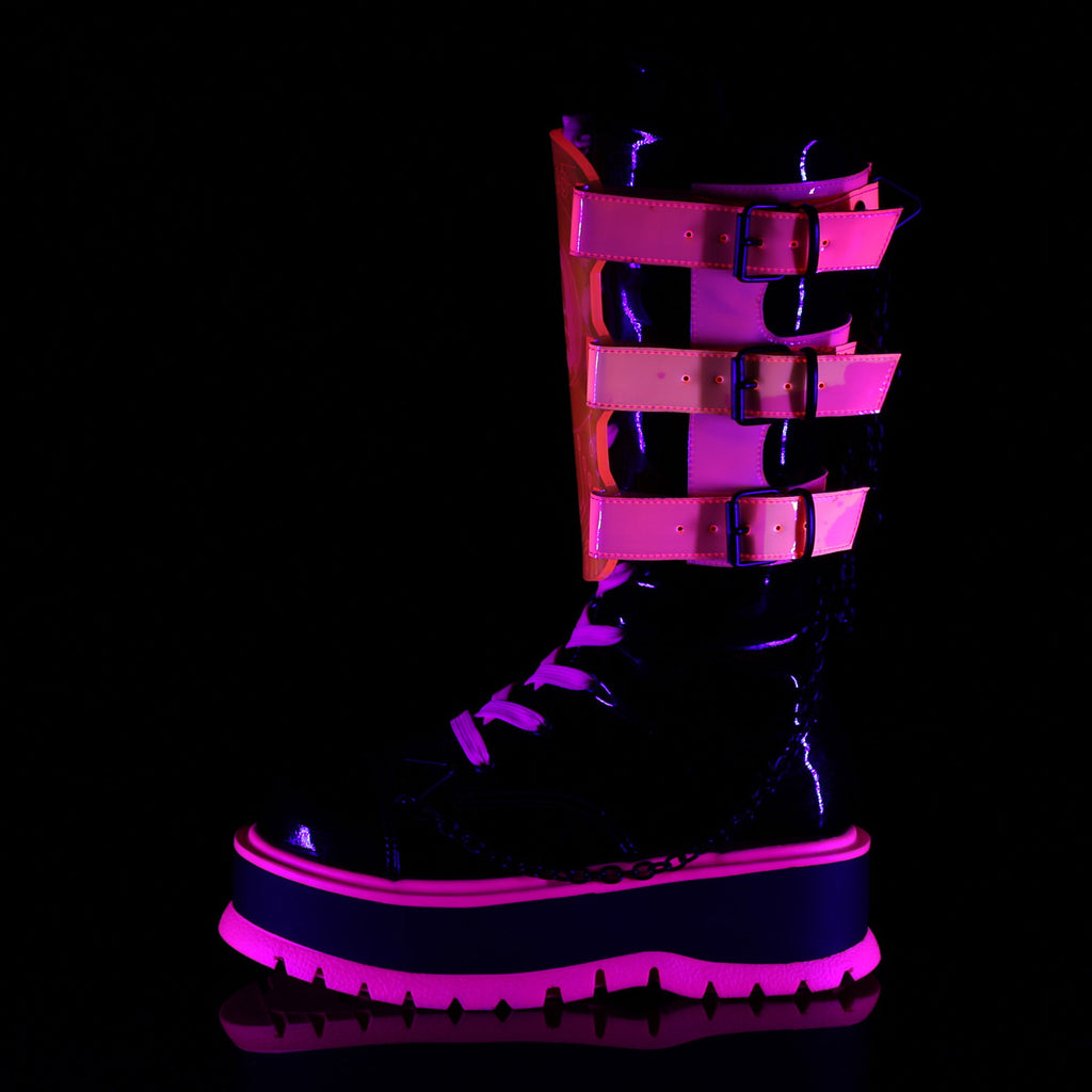 Demonia SLACKER-156 Black UV Neon Pink Knee-High Boots