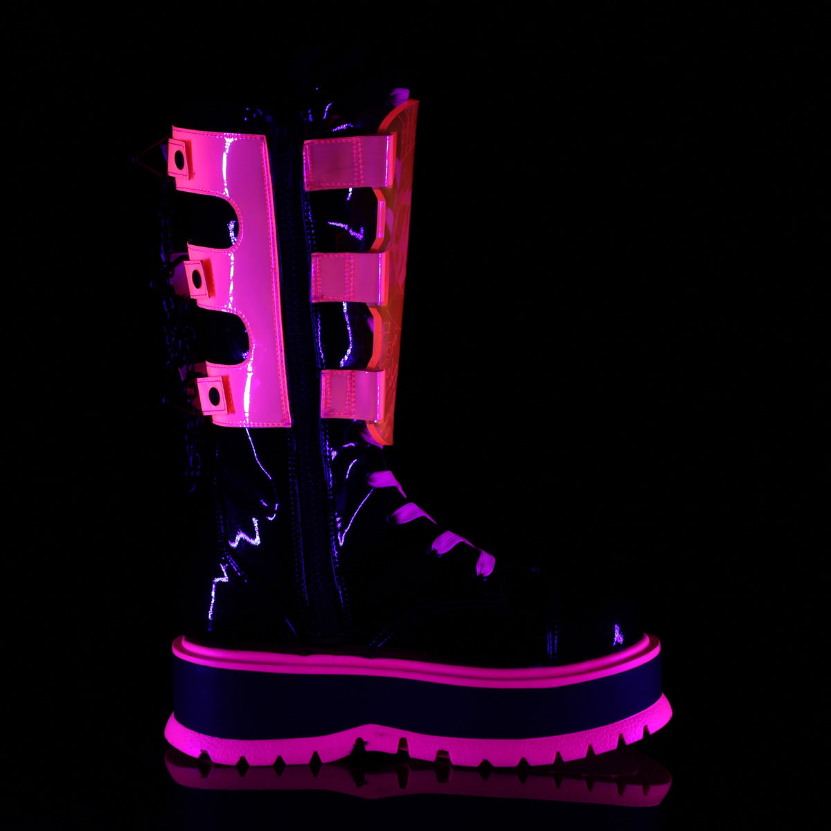 Demonia SLACKER-156 Black UV Neon Pink Knee-High Boots