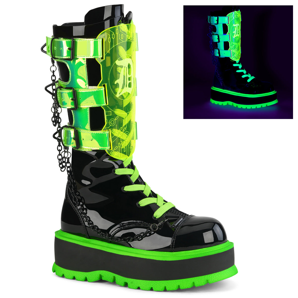 Demonia SLACKER-156 Black UV Neon Green Knee-High Boots