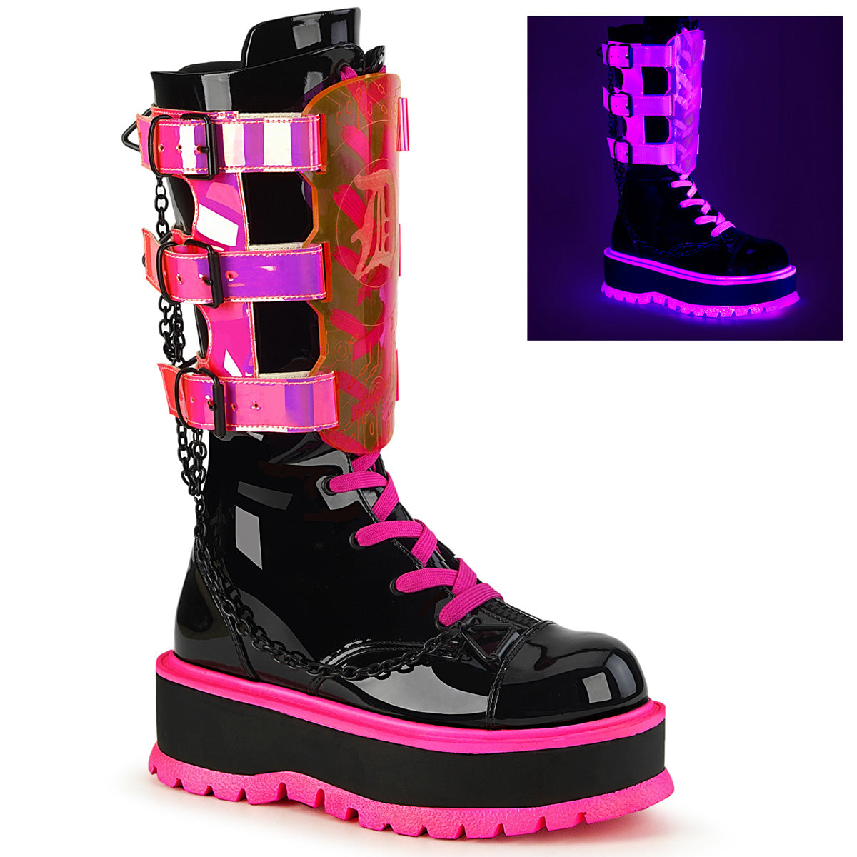 Demonia SLACKER-156 Black UV Neon Pink Knee-High Boots Main image