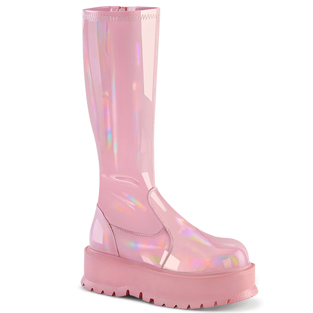 Demonia SLACKER-200 Black. Pink Hologram Knee-High Boots