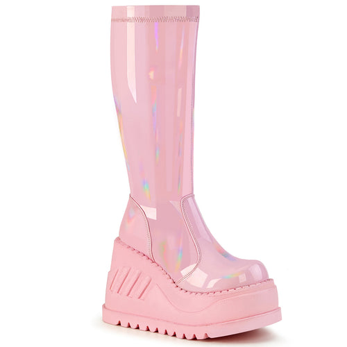 Demonia STOMP-200 Black. Pink Hologram Stretch Knee-High Boots