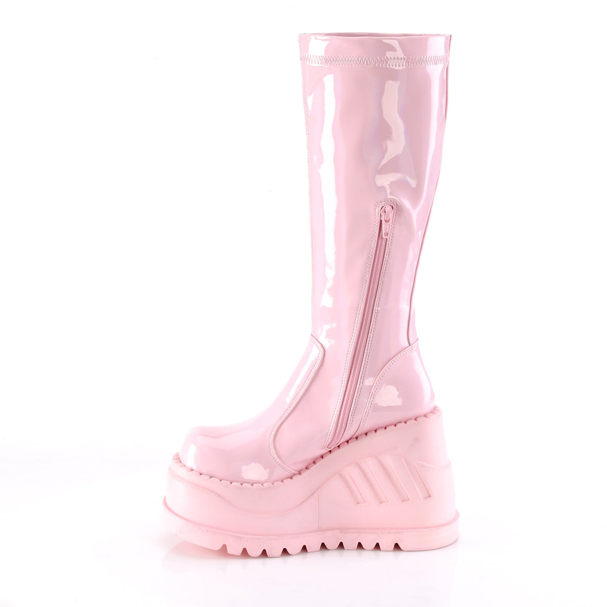 Demonia STOMP-200 Black. Pink Hologram Stretch Knee-High Boots