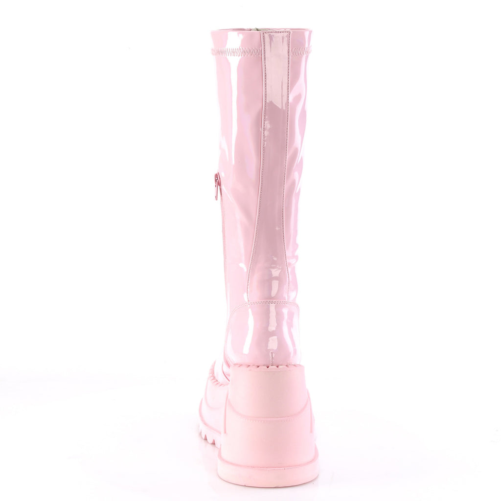 Demonia STOMP-200 Black. Pink Hologram Stretch Knee-High Boots