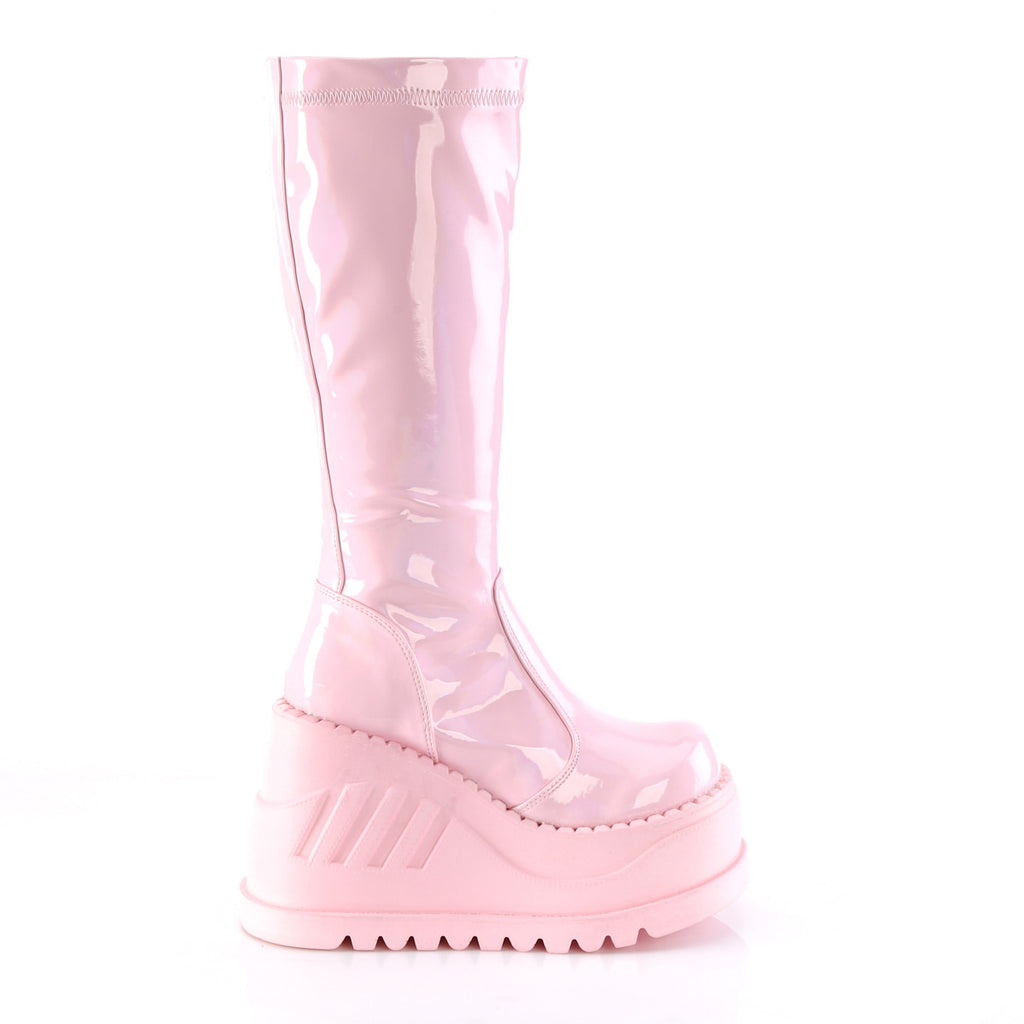 Demonia STOMP-200 Black. Pink Hologram Stretch Knee-High Boots