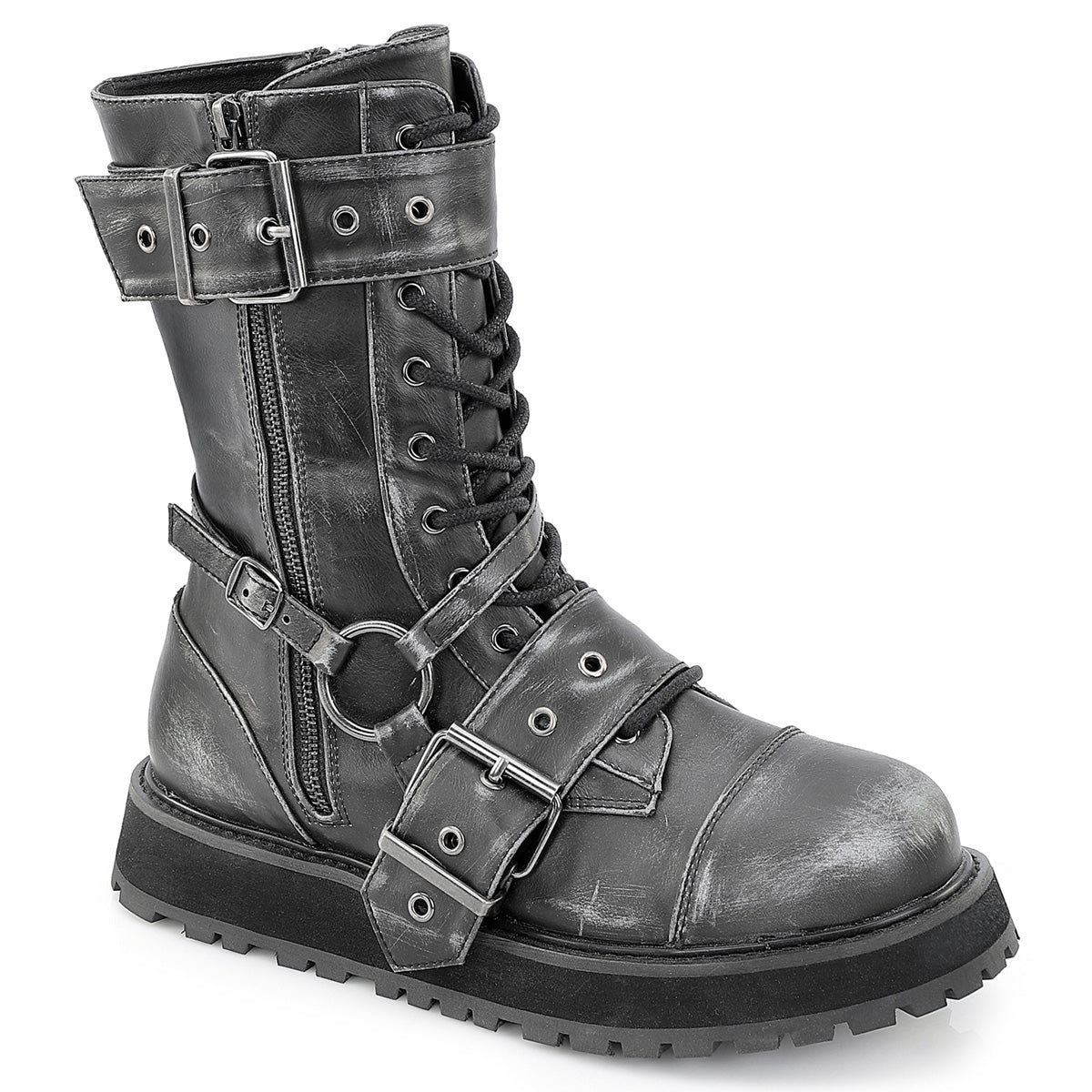 Demonia VALOR-220 Black Silver Rub Off Knee-High Boots
